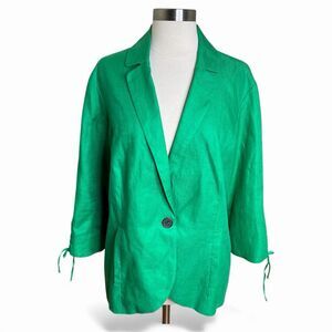 Coldwater Creek Blazer Womens 16 Green 100% Linen Gathered Sleeve Boho Jacket